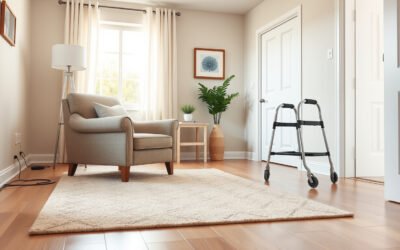 Sala de estar segura y accesible para envejecer en casa con sillón firme, pasillos despejados y buena iluminación