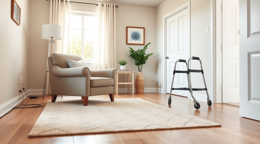 Sala de estar segura y accesible para envejecer en casa con sillón firme, pasillos despejados y buena iluminación