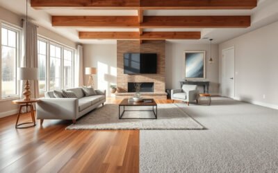 Living room comparing an area rug on hardwood with wall-to-wall carpet