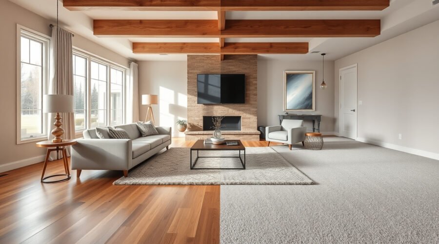 Living room comparing an area rug on hardwood with wall-to-wall carpet