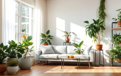 Living room plants arranged by window light on stands and shelves