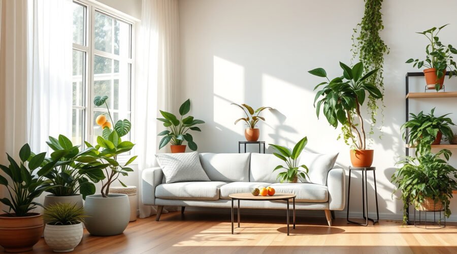 Living room plants arranged by window light on stands and shelves