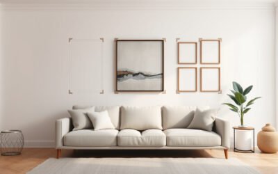 Living room sofa with planned gallery wall and large artwork above it