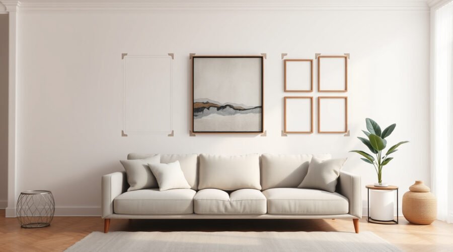 Living room sofa with planned gallery wall and large artwork above it