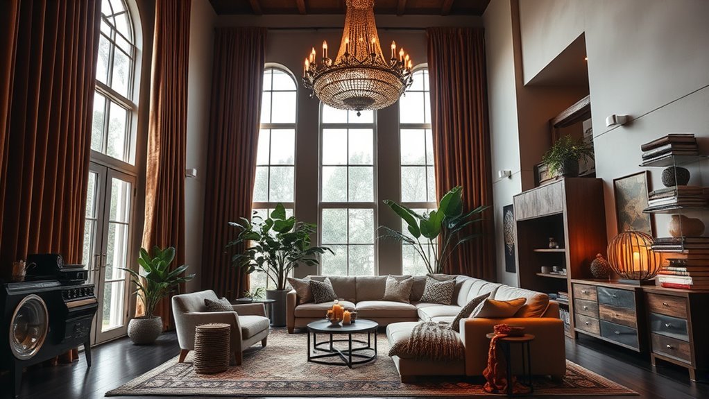 cozy high ceiling living room