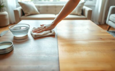 Hands buffing a dull wooden coffee table to restore a safe, natural shine