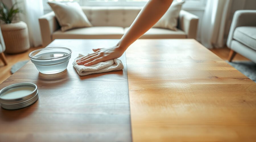 Hands buffing a dull wooden coffee table to restore a safe, natural shine