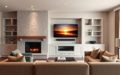 Balanced living room with fireplace and TV side by side at a safe, comfortable viewing height