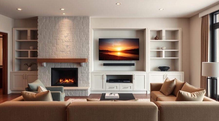 Balanced living room with fireplace and TV side by side at a safe, comfortable viewing height