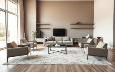 Sala con sofá flotante y muebles murales para comparar distribuciones