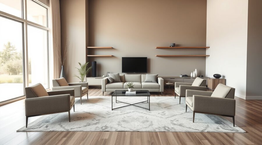 Sala con sofá flotante y muebles murales para comparar distribuciones