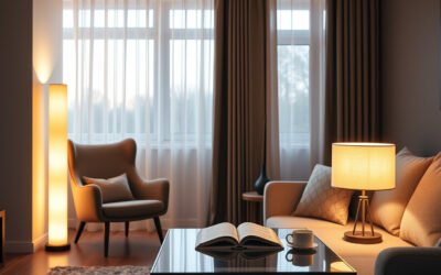 Living room with a floor lamp in the corner and a table lamp beside the sofa