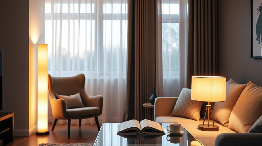 Living room with a floor lamp in the corner and a table lamp beside the sofa