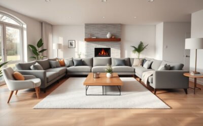 Balanced living room with large sectional, rug, accent chair, lighting, and clear walkways