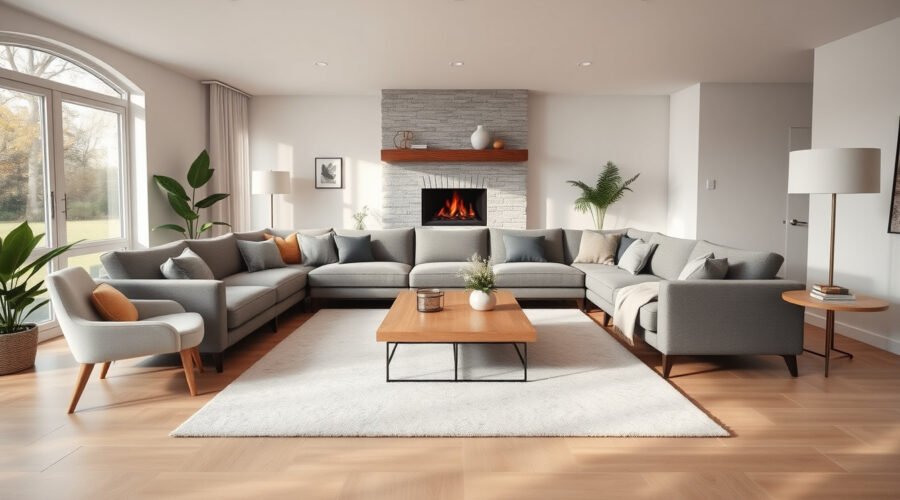Balanced living room with large sectional, rug, accent chair, lighting, and clear walkways