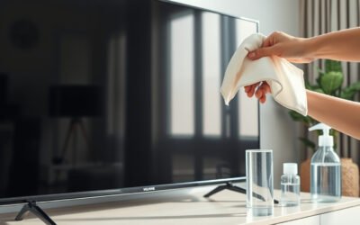 Hand cleaning a powered-off TV screen with a microfiber cloth in a bright living room