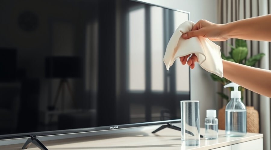 Hand cleaning a powered-off TV screen with a microfiber cloth in a bright living room