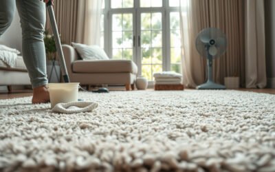 Hands gently blotting a wool area rug with cleaning tools and a fan in a sunlit living room