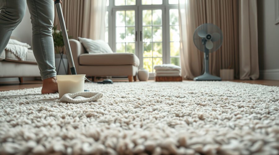 Hands gently blotting a wool area rug with cleaning tools and a fan in a sunlit living room