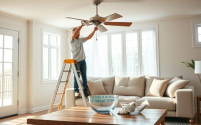 Person cleaning a living room ceiling fan with supplies for light fixture care nearby