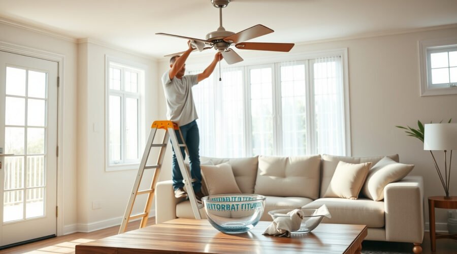 Person cleaning a living room ceiling fan with supplies for light fixture care nearby