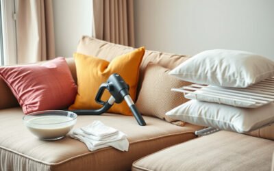 Decorative pillows being gently cleaned on a sofa with cloths, mild soap, and a drying rack