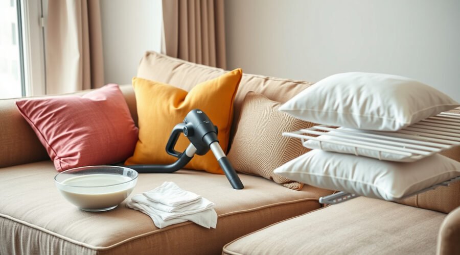 Decorative pillows being gently cleaned on a sofa with cloths, mild soap, and a drying rack