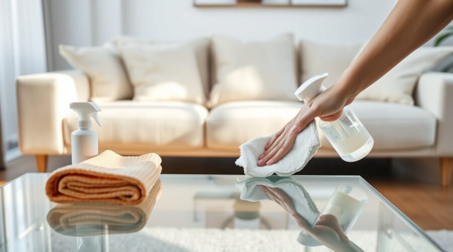 Hand cleaning a glass coffee table with microfiber cloths in a bright living room.