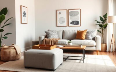 Cozy decluttered living room with stylish storage, plants, warm textiles, and clear surfaces.