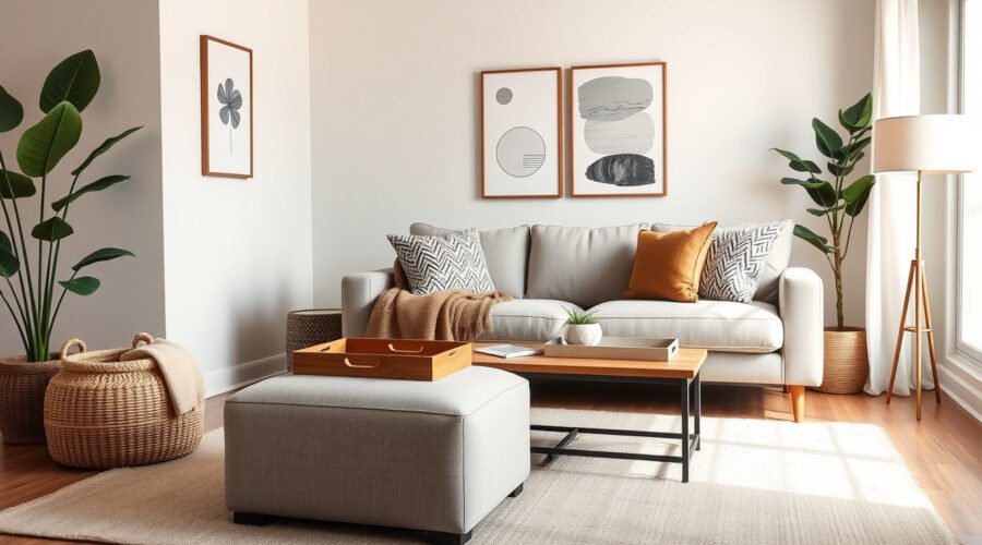 Cozy decluttered living room with stylish storage, plants, warm textiles, and clear surfaces.
