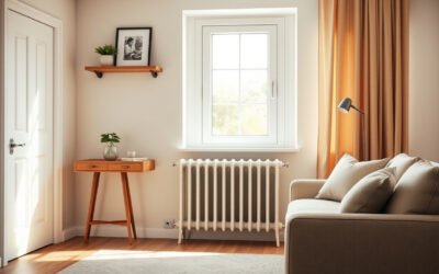Living room decor arranged safely around a visible radiator with open space for airflow