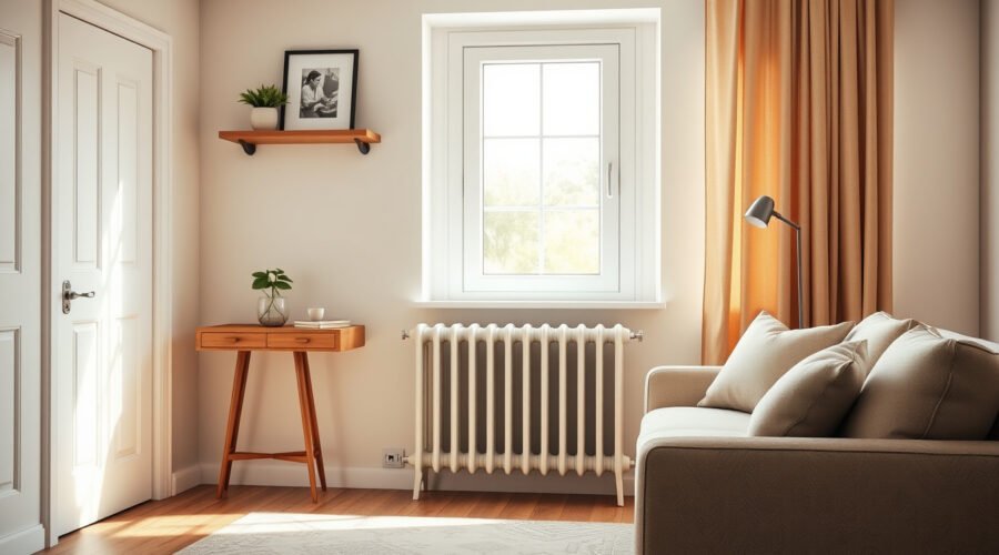 Living room decor arranged safely around a visible radiator with open space for airflow