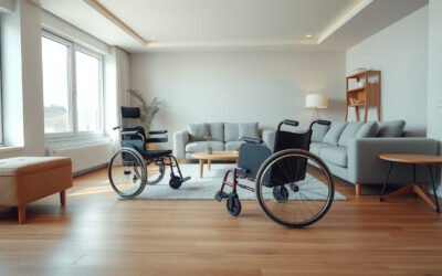 Wheelchair-accessible living room with wide pathways, smooth flooring, and reachable furniture