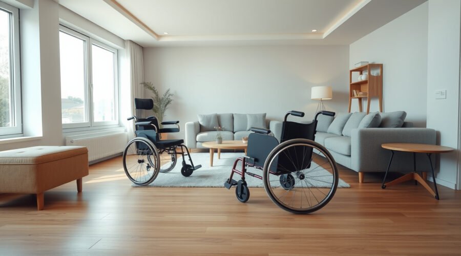 Wheelchair-accessible living room with wide pathways, smooth flooring, and reachable furniture
