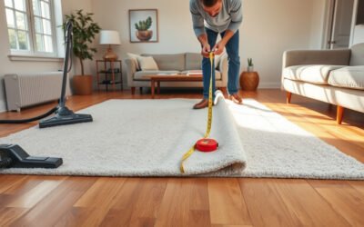 Area rug rolled back to show rug pad on hardwood floor during living room maintenance