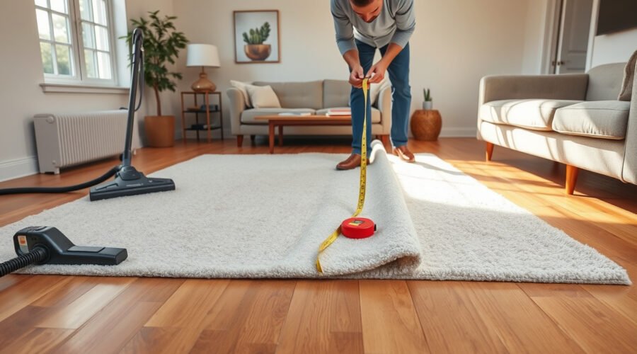 Area rug rolled back to show rug pad on hardwood floor during living room maintenance