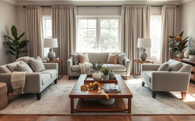 Polished living room with layered textures, balanced furniture, rug, lamps, plants, and design planning details