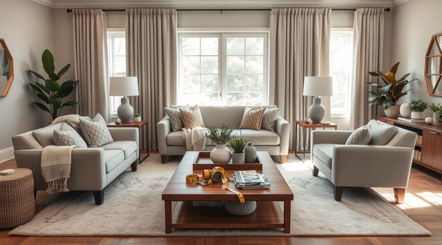 Polished living room with layered textures, balanced furniture, rug, lamps, plants, and design planning details