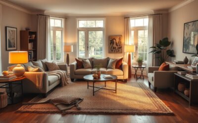 Cozy living room with close seating, warm lamps, pillows, throw, rug, books, plants, and baskets