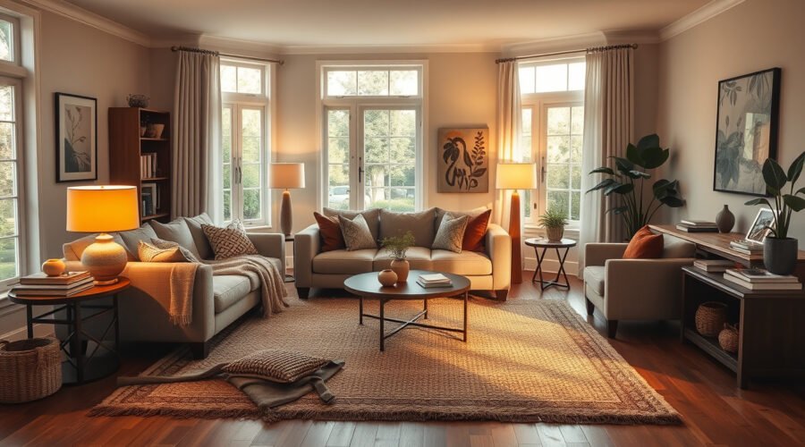 Cozy living room with close seating, warm lamps, pillows, throw, rug, books, plants, and baskets