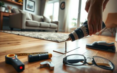 Hands drilling a repair screw into a hardwood living room floor to fix a squeak