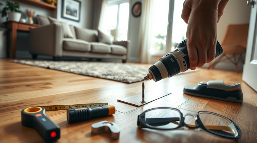 Hands drilling a repair screw into a hardwood living room floor to fix a squeak