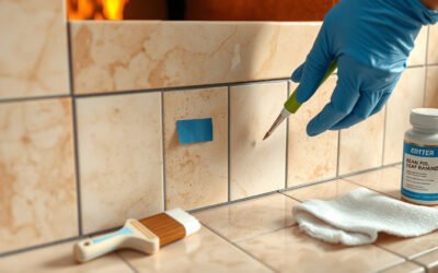 Gloved hands repairing a small chip in a ceramic tile fireplace surround with filler and painter’s tape