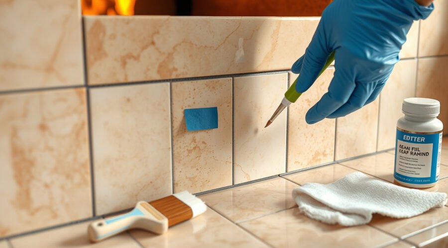 Gloved hands repairing a small chip in a ceramic tile fireplace surround with filler and painter’s tape