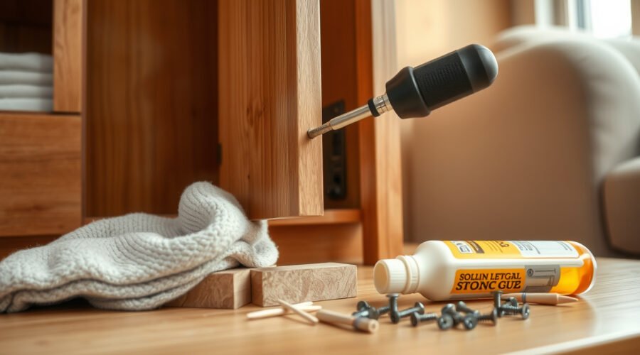 Tightening a concealed hinge on a loose living room built-in cabinet door