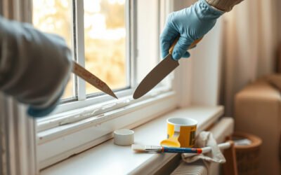 Gloved hands scrape peeling paint from living room window trim with repair tools nearby.