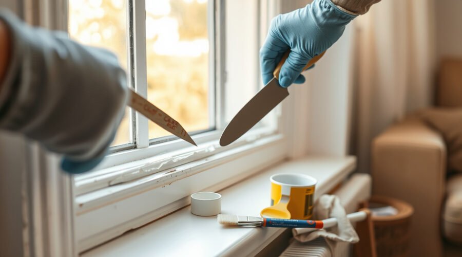 Gloved hands scrape peeling paint from living room window trim with repair tools nearby.