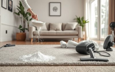 Living room rug being deodorized with baking soda and cleaning tools nearby