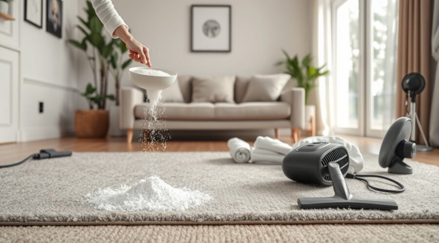 Living room rug being deodorized with baking soda and cleaning tools nearby