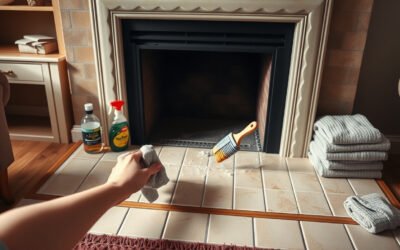 Hands cleaning grout on tiled living room fireplace hearth with brush and microfiber cloth